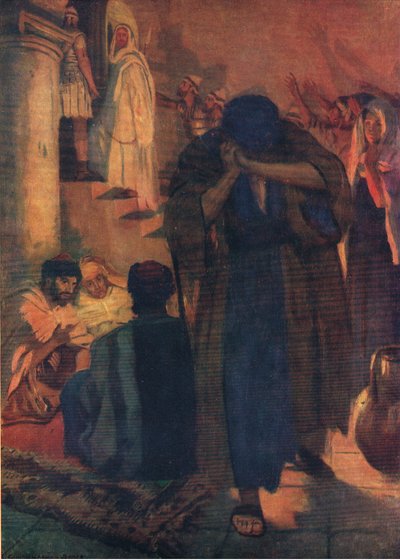 Pedro niega a su maestro, de El libro de imágenes de la Biblia publicado por Thomas Nelson, c.1950 de Simon Harmon Vedder